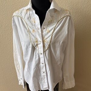 Rockmount Ranch Wear White Button Down Shirt with Gold Embroidery
